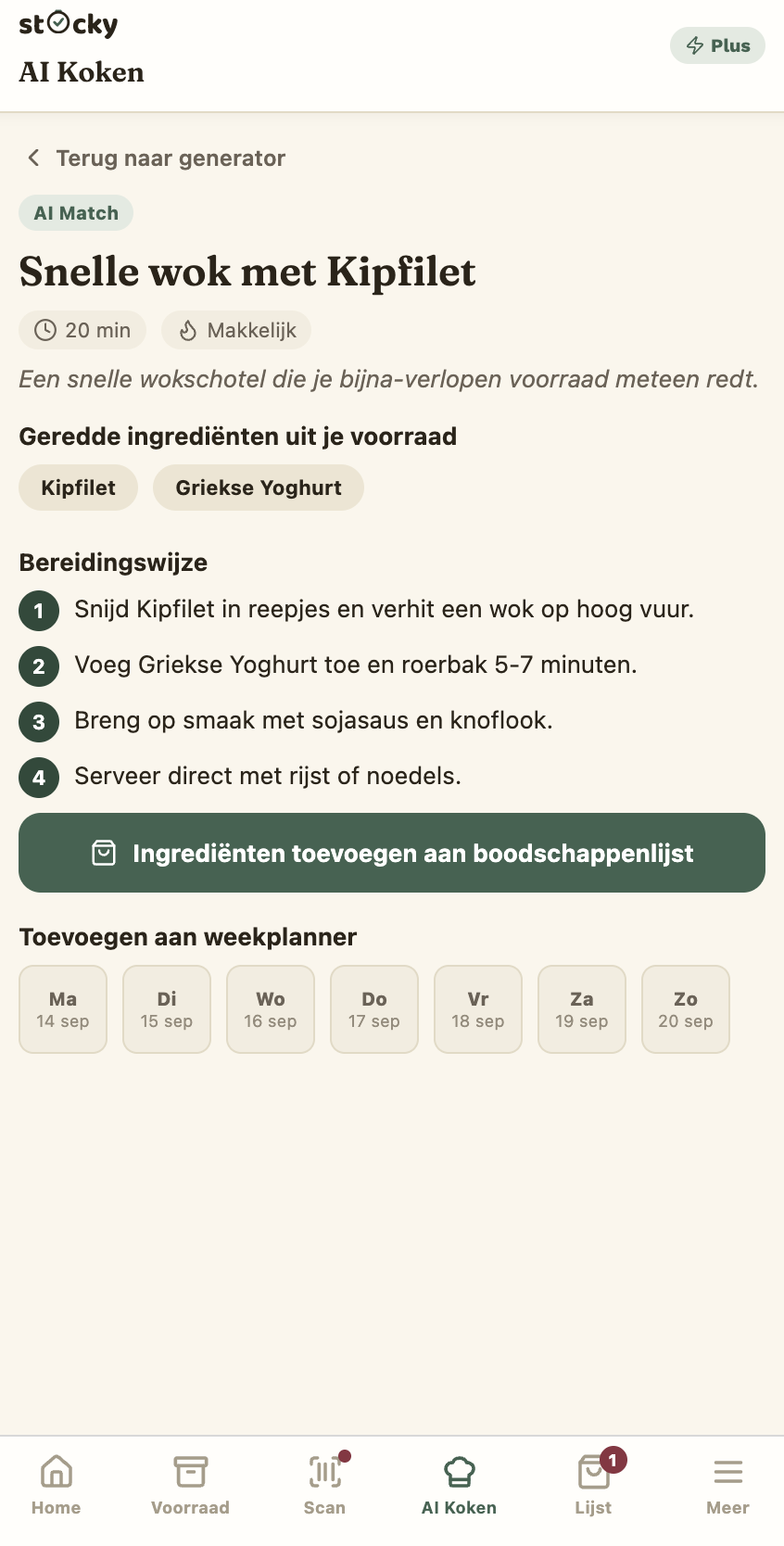 Stocky AI Koken-scherm met een gegenereerd recept op basis van de eigen voorraad
