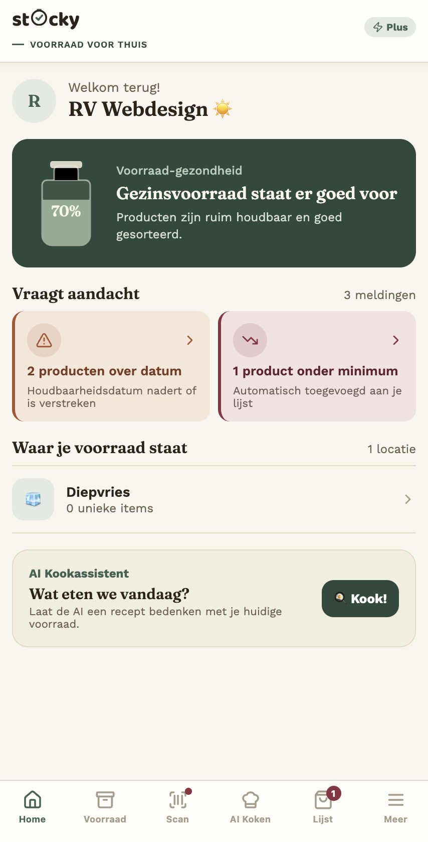 Stocky Home-scherm met voorraadgezondheid en meldingen die aandacht vragen