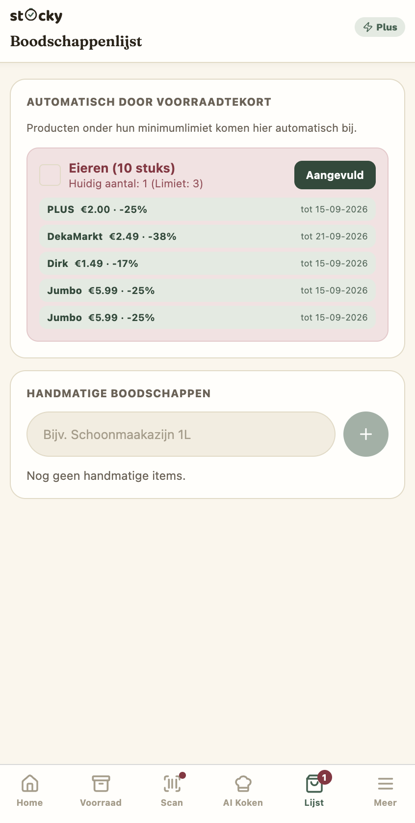 Stocky Boodschappenlijst-scherm met automatisch aangevulde producten en actuele aanbiedingen