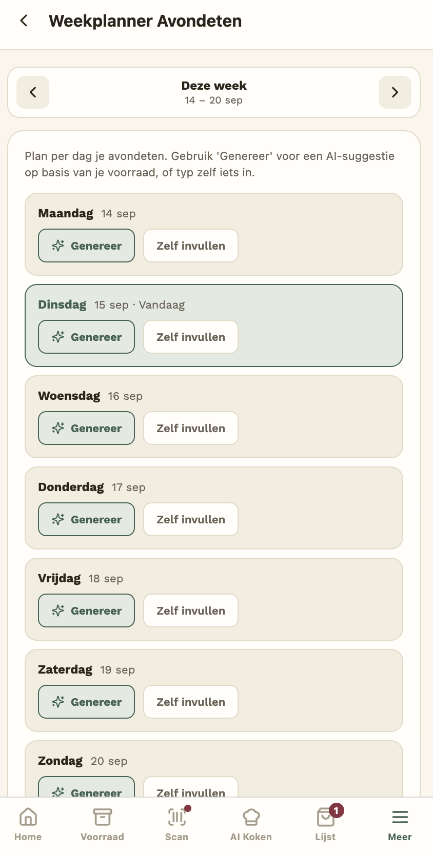 Stocky Weekplanner-scherm met een overzicht van avondeten per dag
